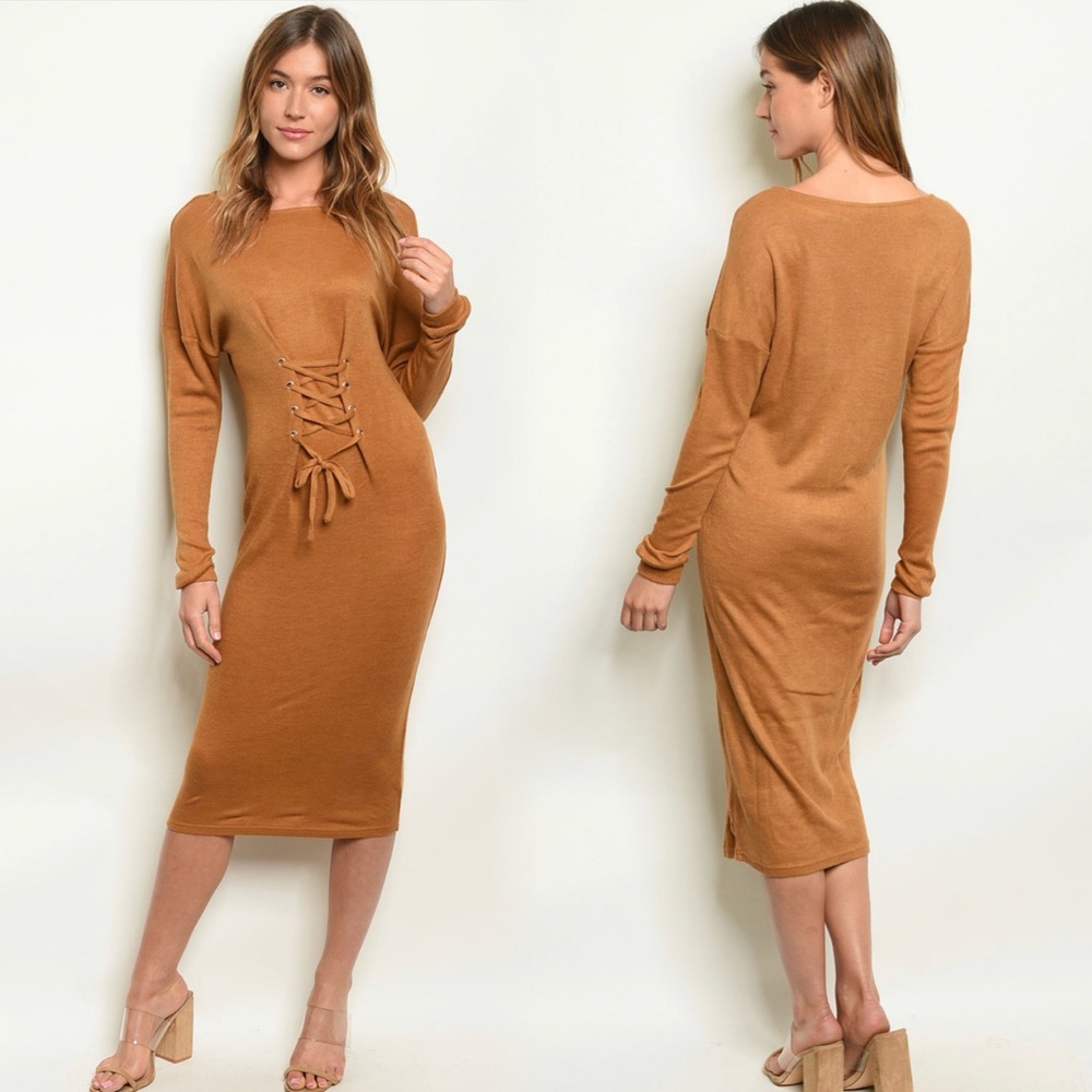Elegant Tan Midi Lace up Sweater Dress